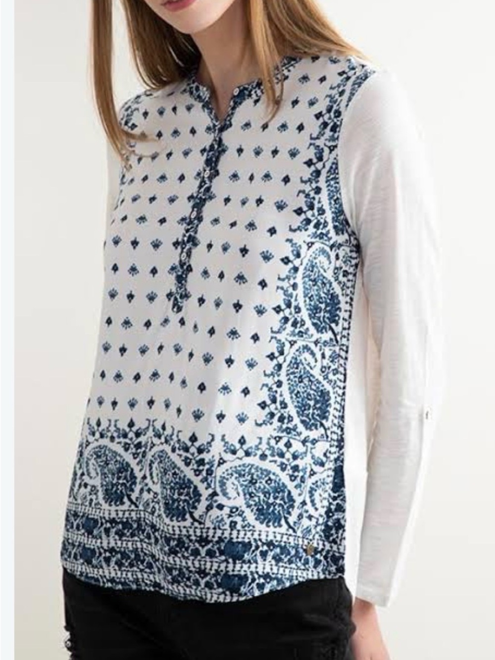 Lucky Brand White Long-Sleeve Henley with Black Paisley Print